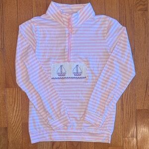 Girls Smockingbird Pink and White Striped Quarter-Zip Pullover